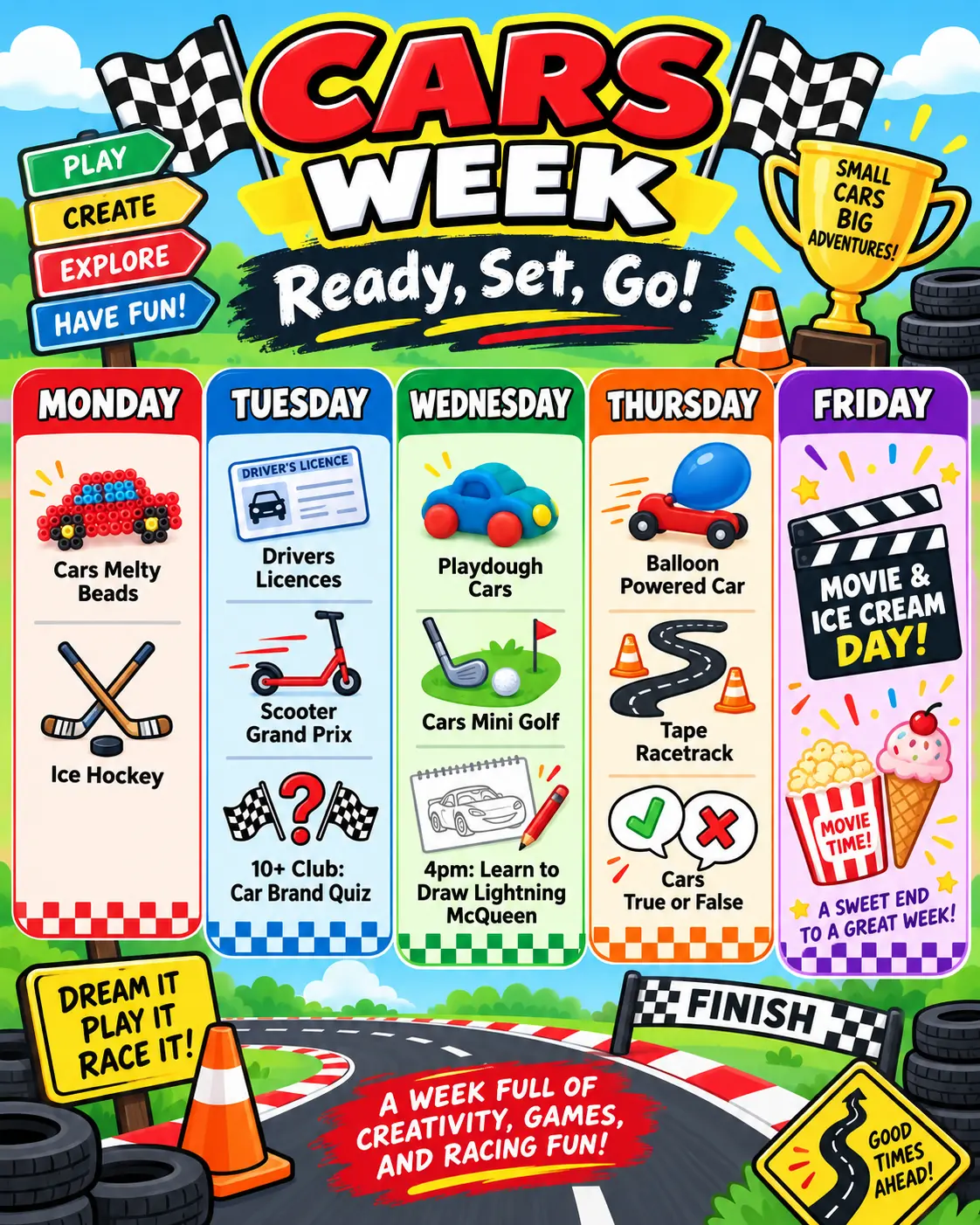 Kidz.com Cars Week programme with creative activities, games and racing challenges.