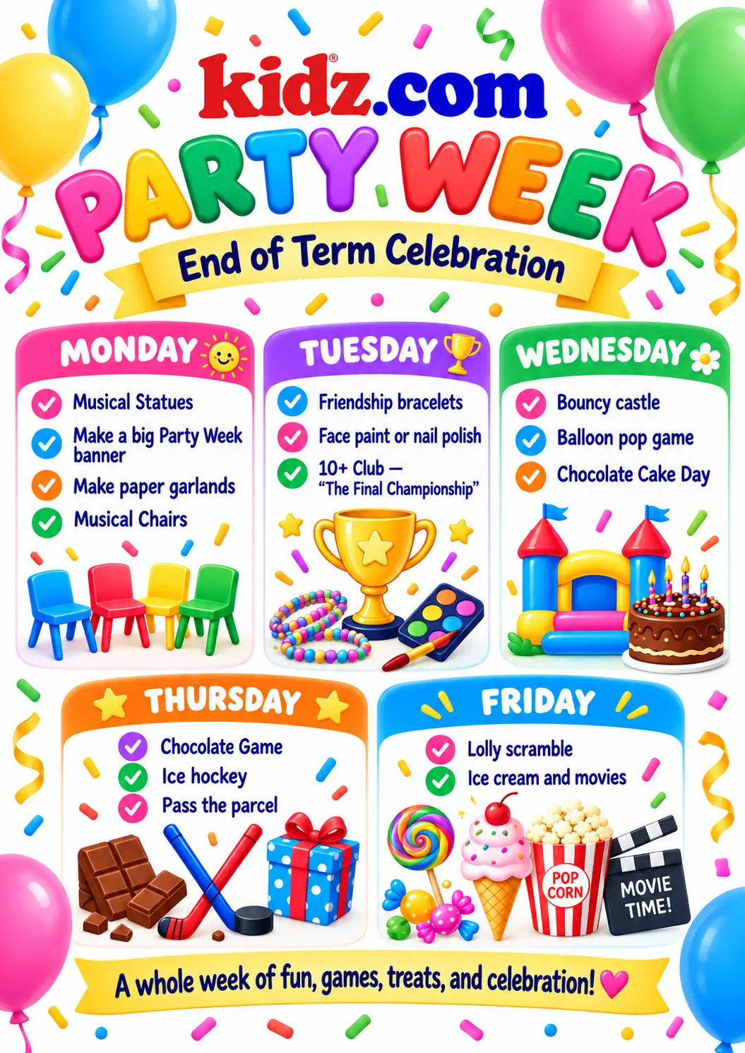 Kidz.com Party Week programme with daily end-of-term activities.