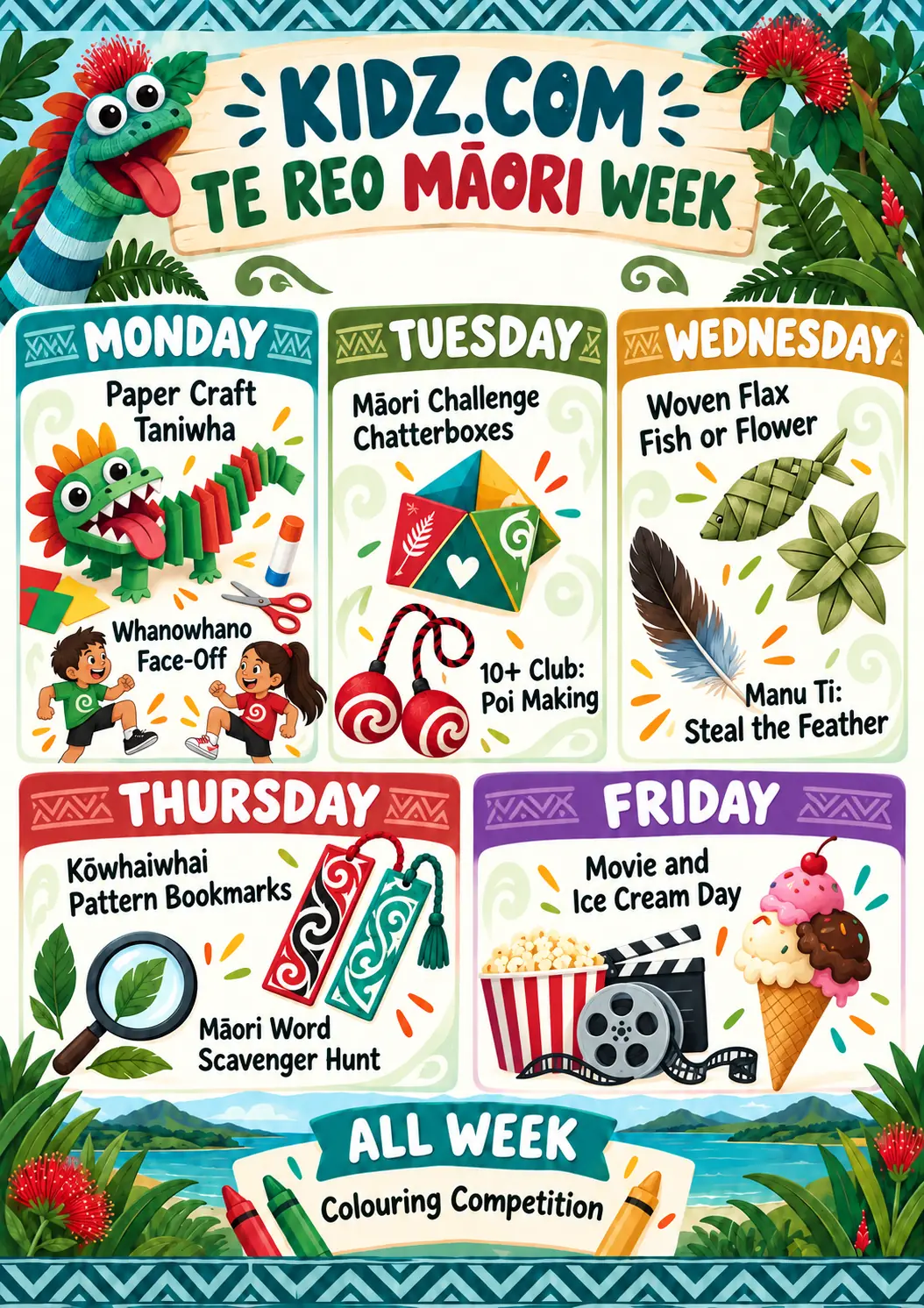 Kidz.com Te Reo Māori Week programme with crafts, challenges, games and a scavenger hunt.