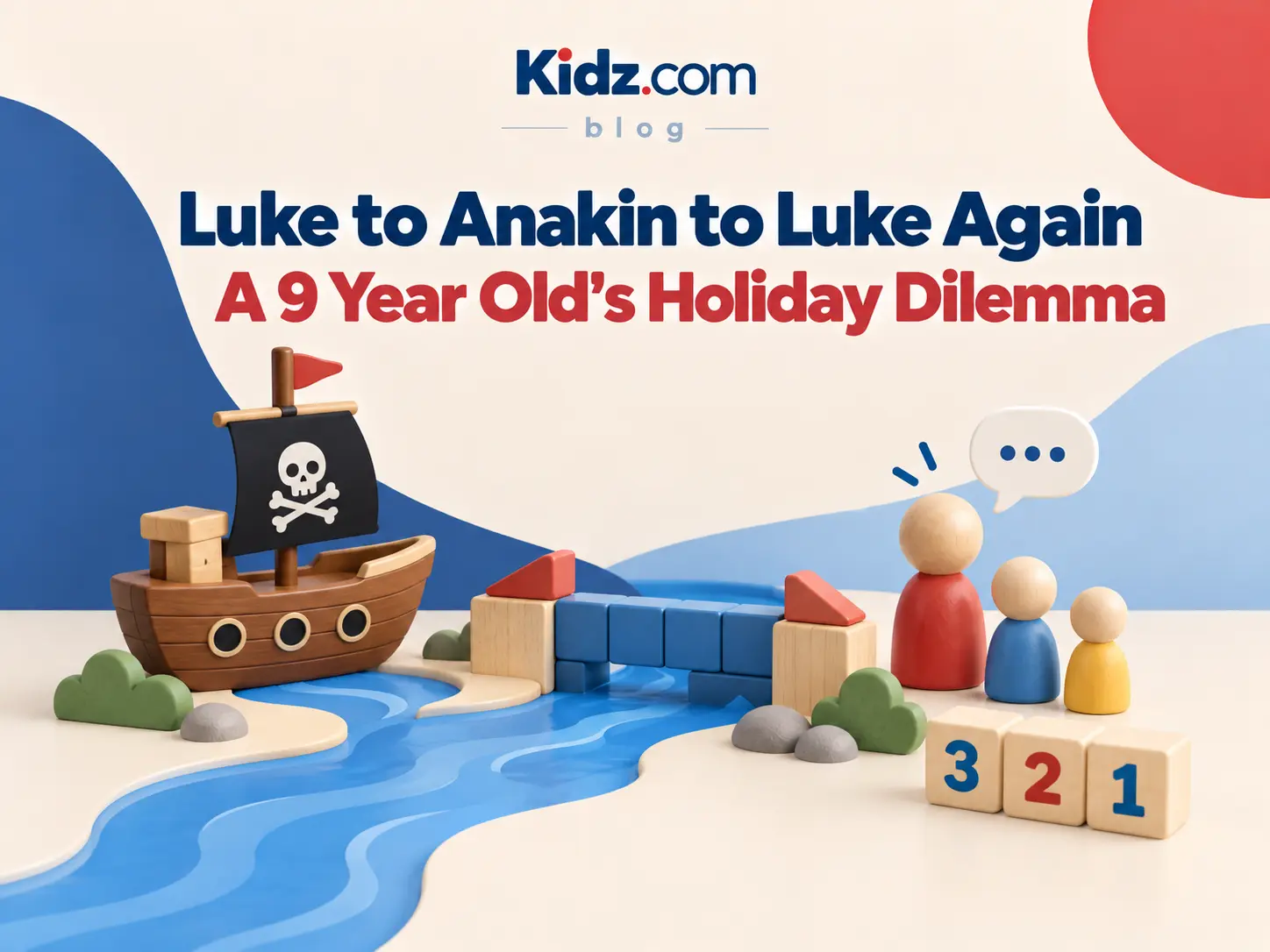 Kidz.com blog artwork showing a toy river, pirate ship and mixed-age group