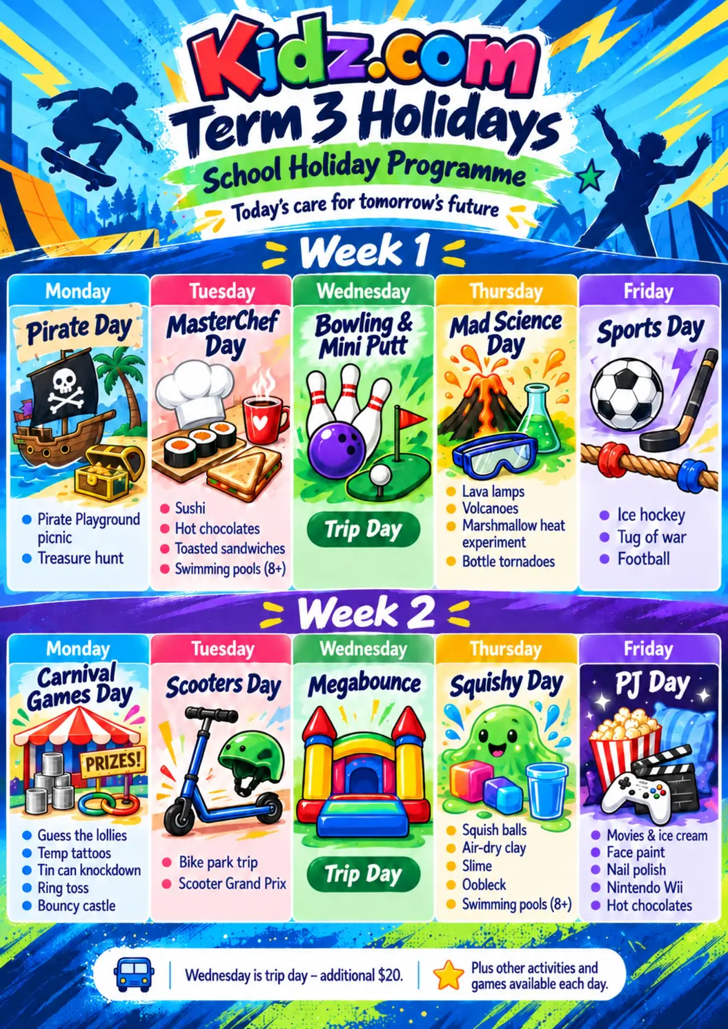 Kidz.com Term 3 holiday programme showing two weeks of themed activities and trip days.